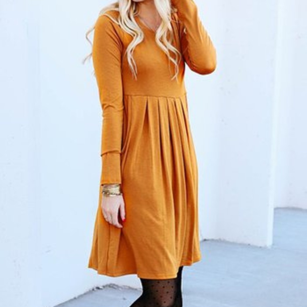 Mustard Long-Sleeve Empire-Waist Dress 1x